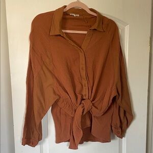 Womens Rust Tie-Front Button Shirt